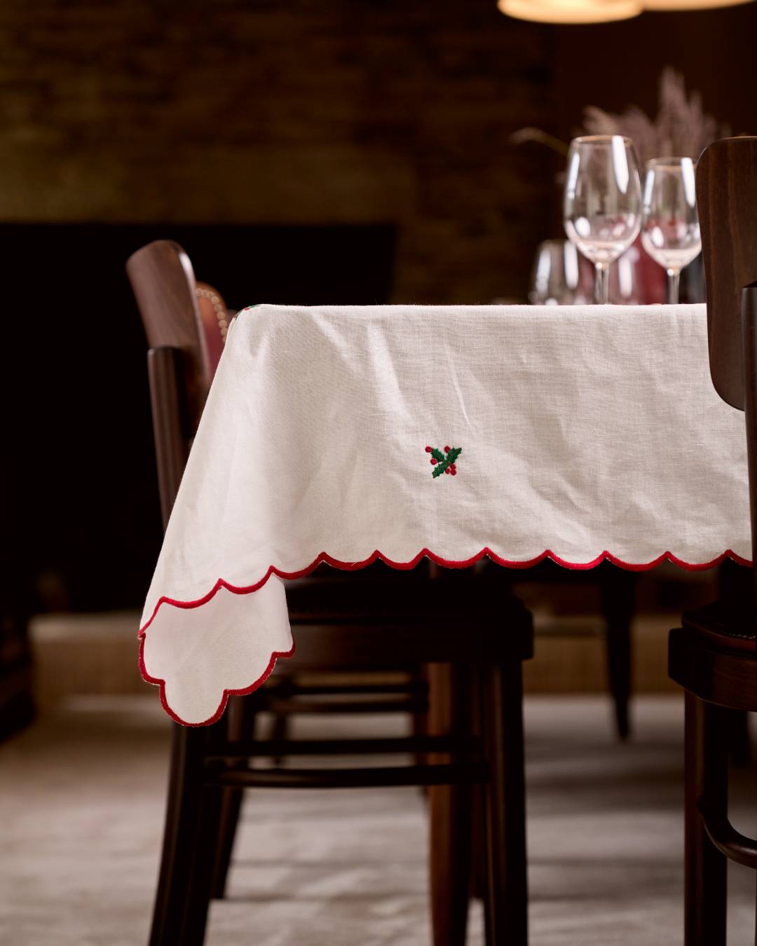 Embroidered Tablecloth with Holly