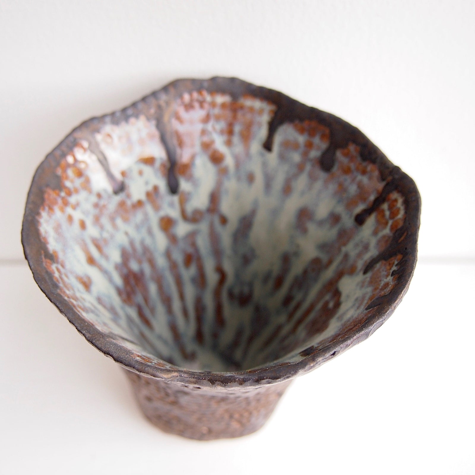 Handmade Bronze Dot Ceramic Vase with Blue Brown Swirly Interior