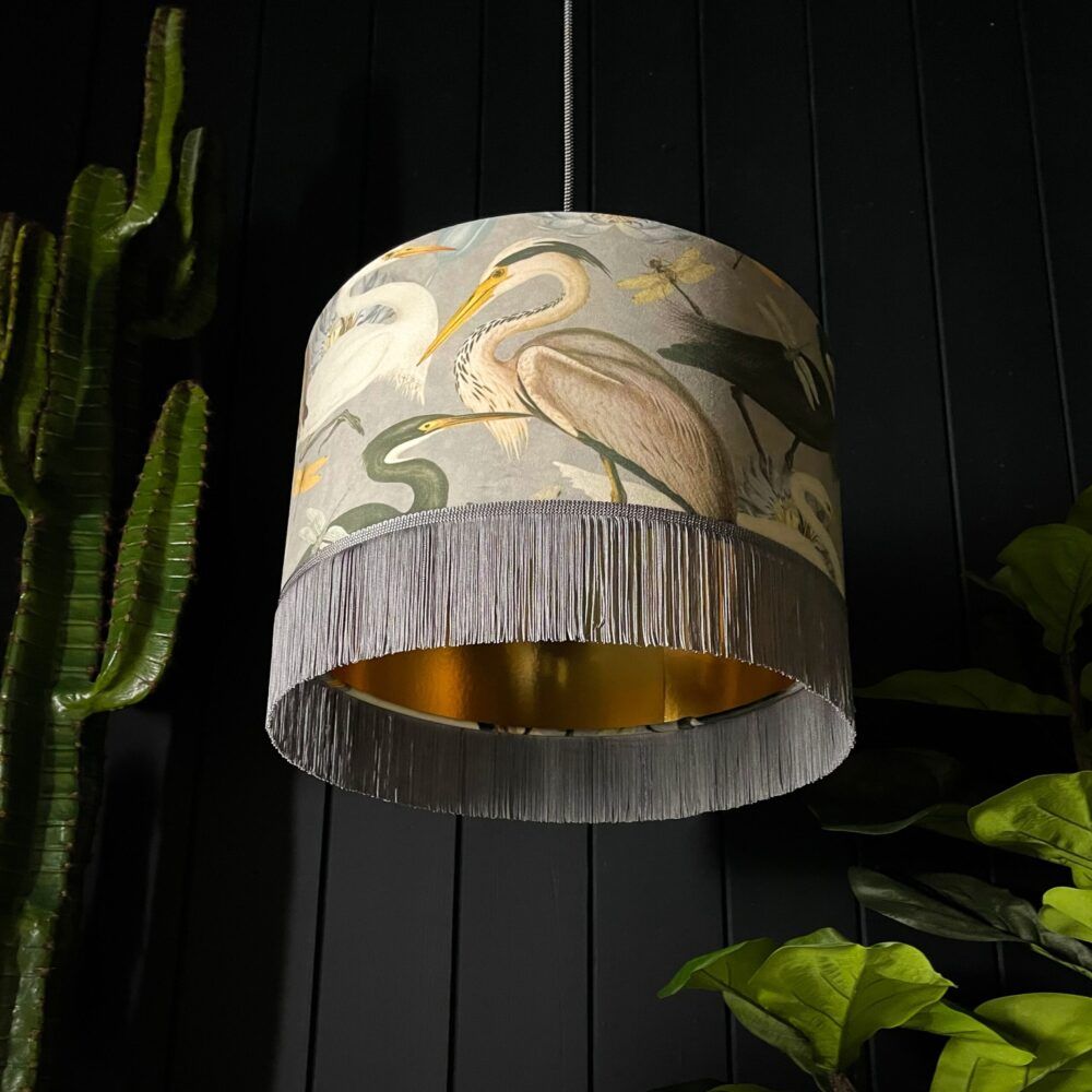 Bird Song Lampshade in Soft Grey With Gold Lining and Grey Fringing