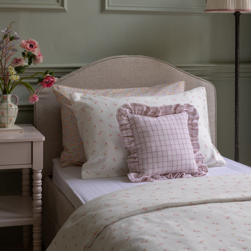 Square Linen Frill Cushion - Pink Check