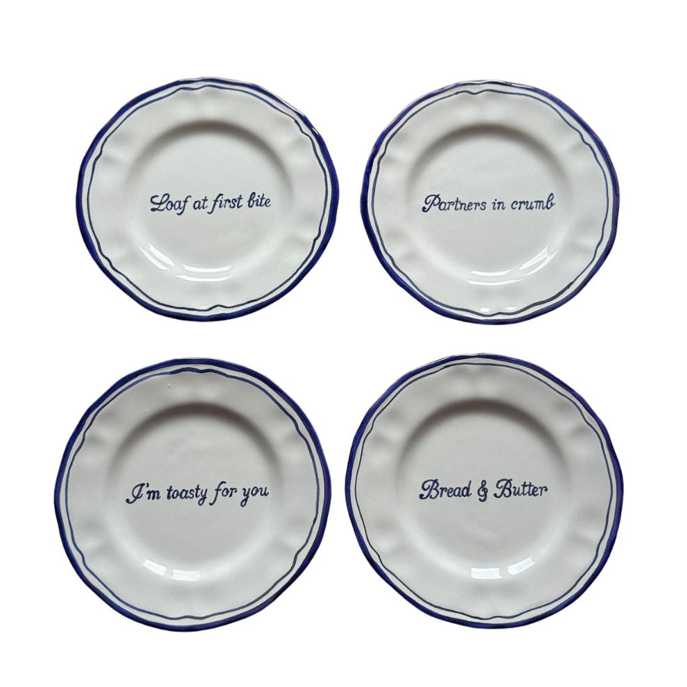 Ceramic Scalloped Blue Quote Bread Plate Set of 4