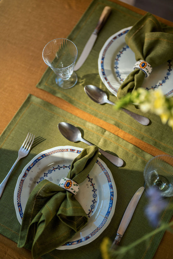 Set of Fern Green Placemats with Ochre Hemstitch