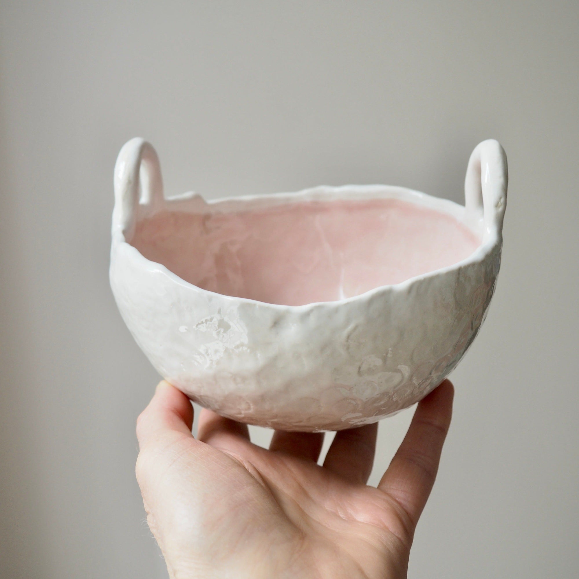 Handmade Pastel Pink and White Ceramic Bowl with Handles