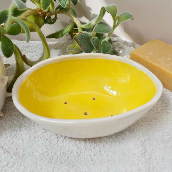 Handmade Yellow Speckled Oval Pottery Soap Dish