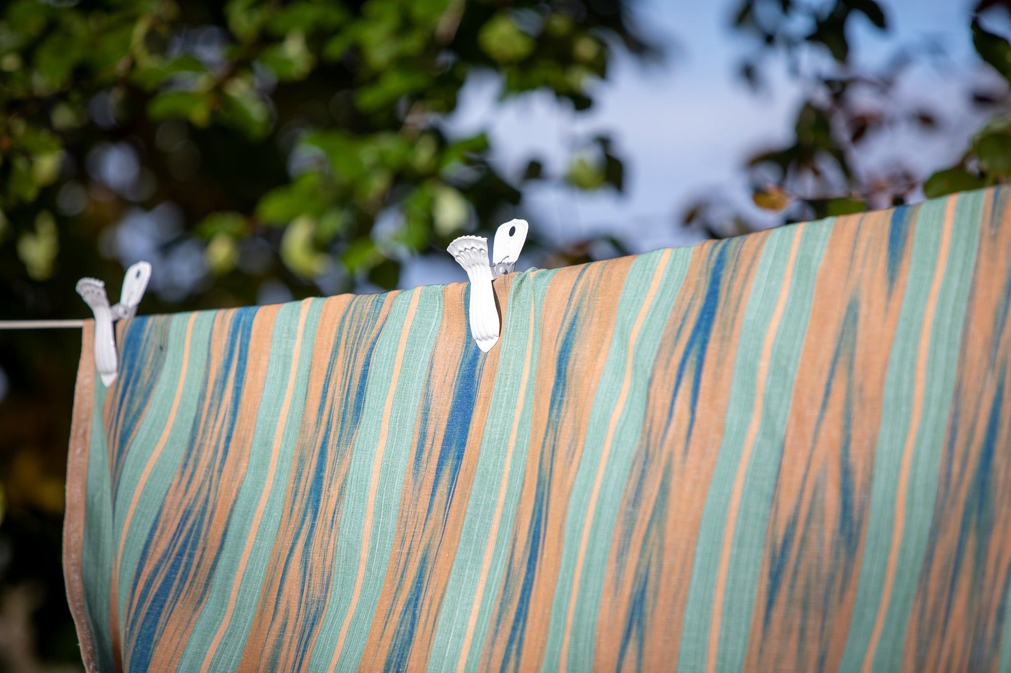 Vicens Fabric - Sea Green Stripe With Indigo Flame