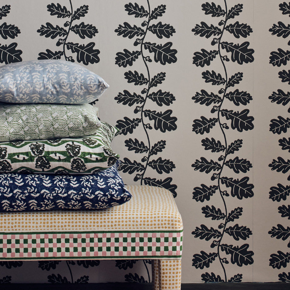 Hand Block Printed Indian Leaf Cushion Blue Green