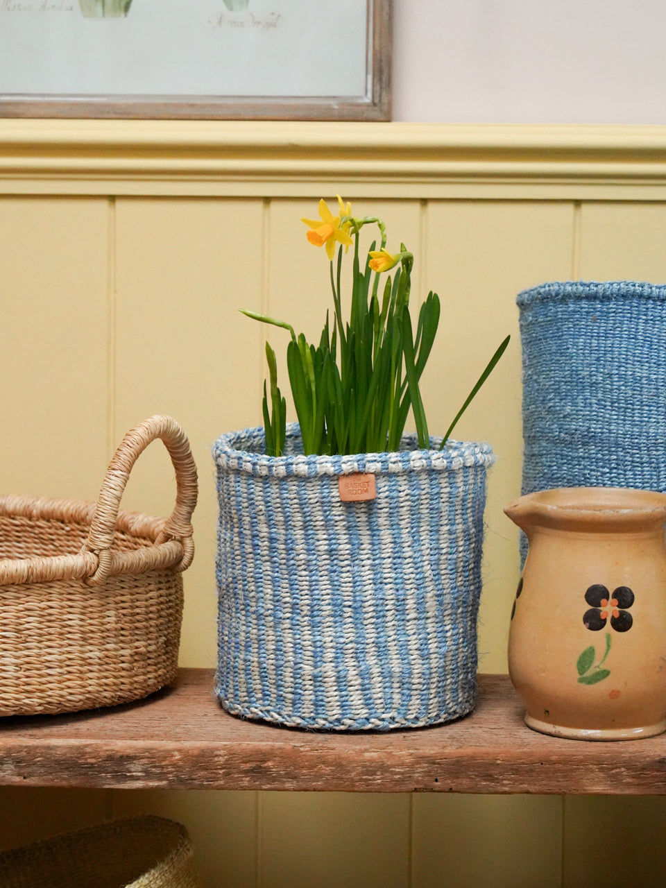 SEMA: Powder Blue and Natural Pinstripe Round Sisal Basket