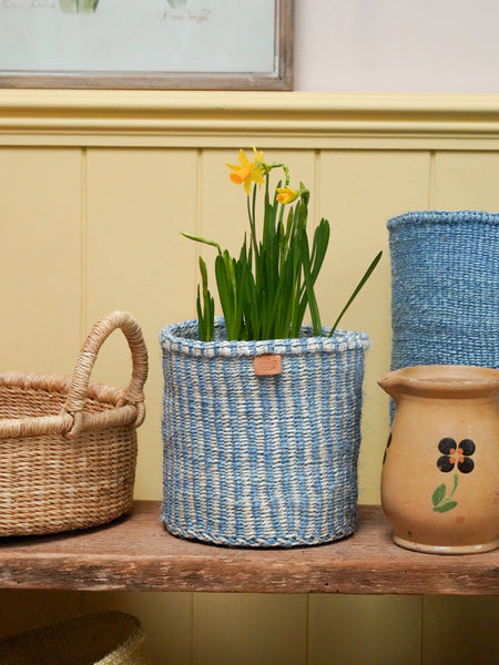 SEMA: Powder Blue and Natural Pinstripe Round Sisal Basket