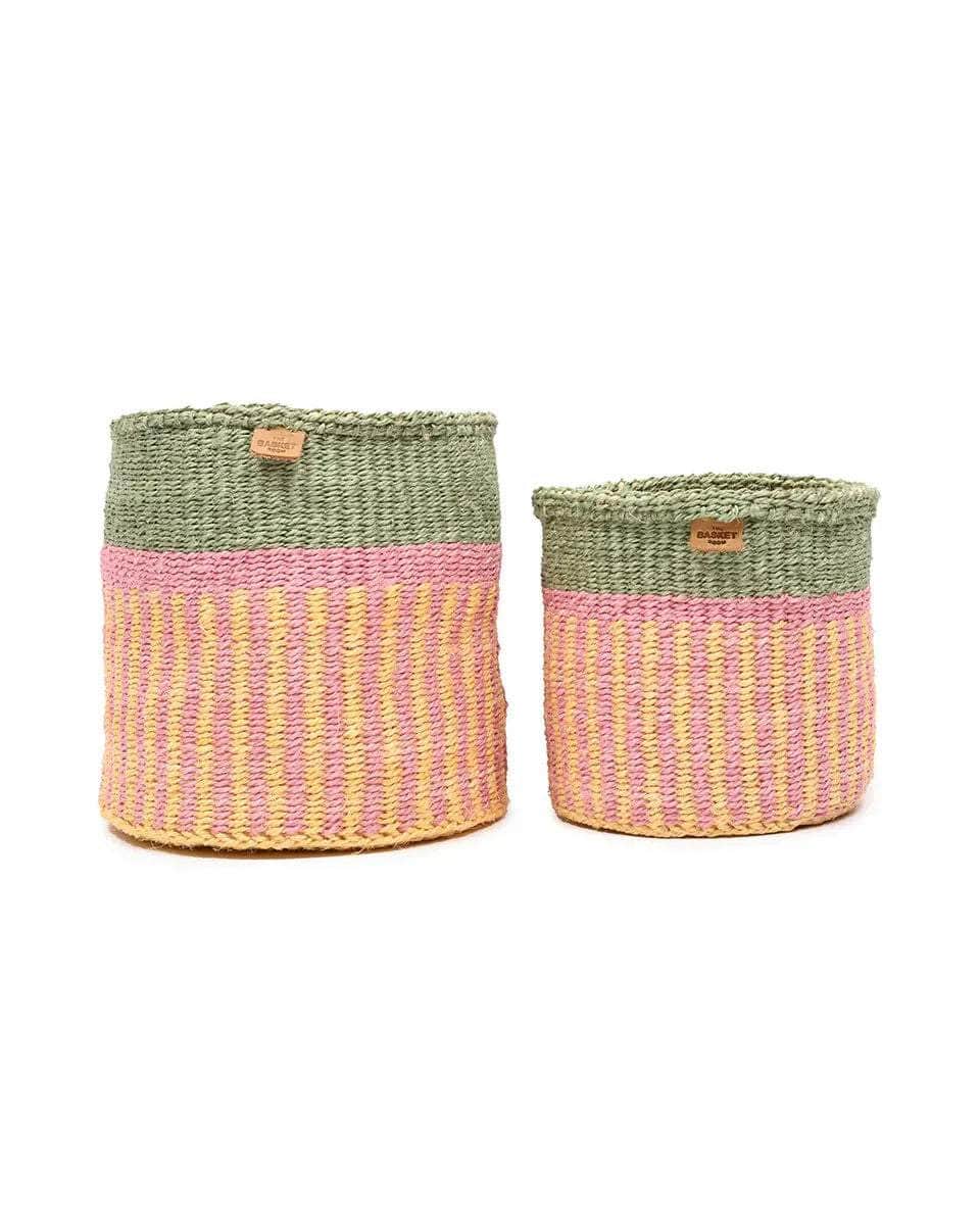 HOJA: Pink, Yellow & Green Stripe Woven Storage Basket