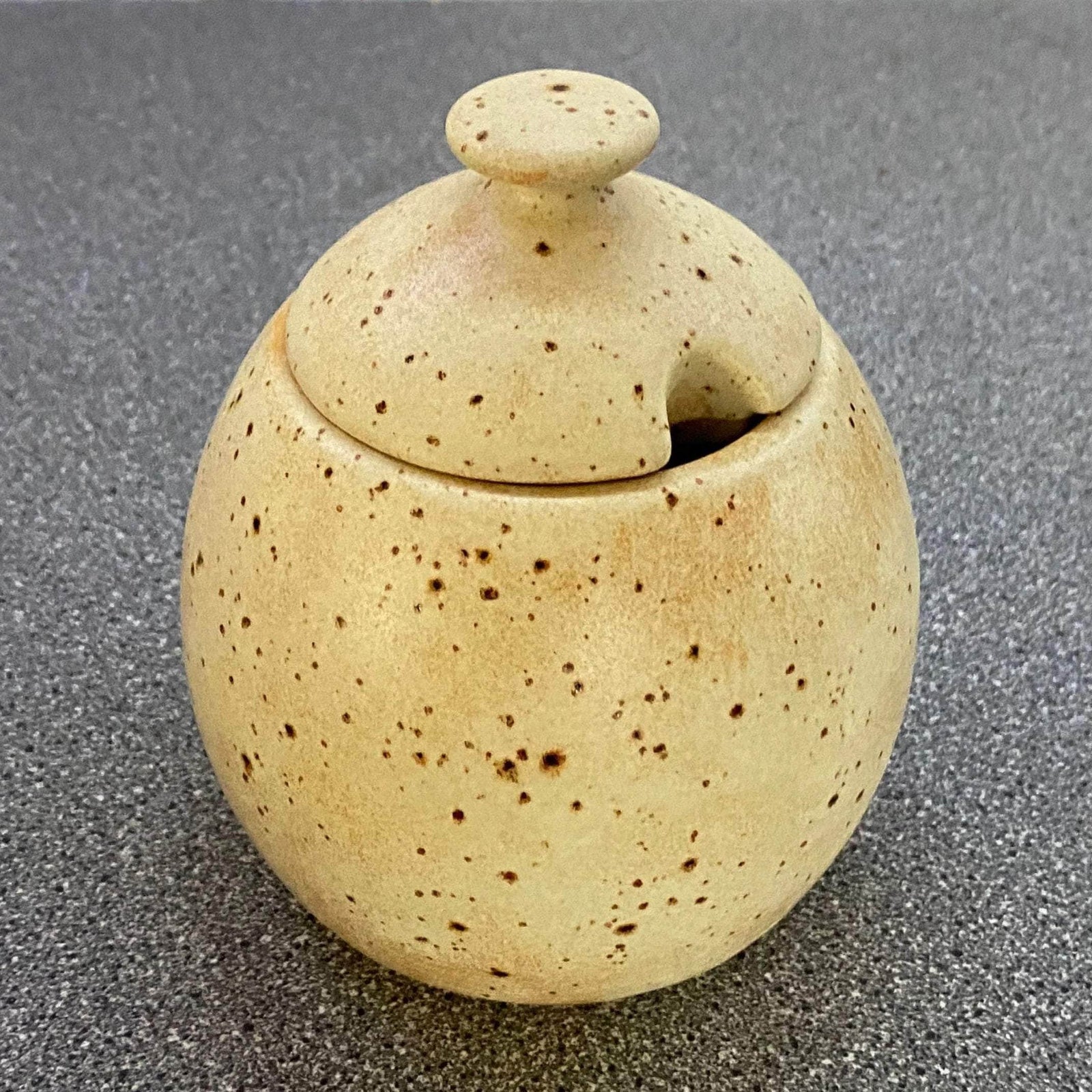 Sugar Bowl, Jam Pot, with Leafy Spoon Oatmeal Glaze