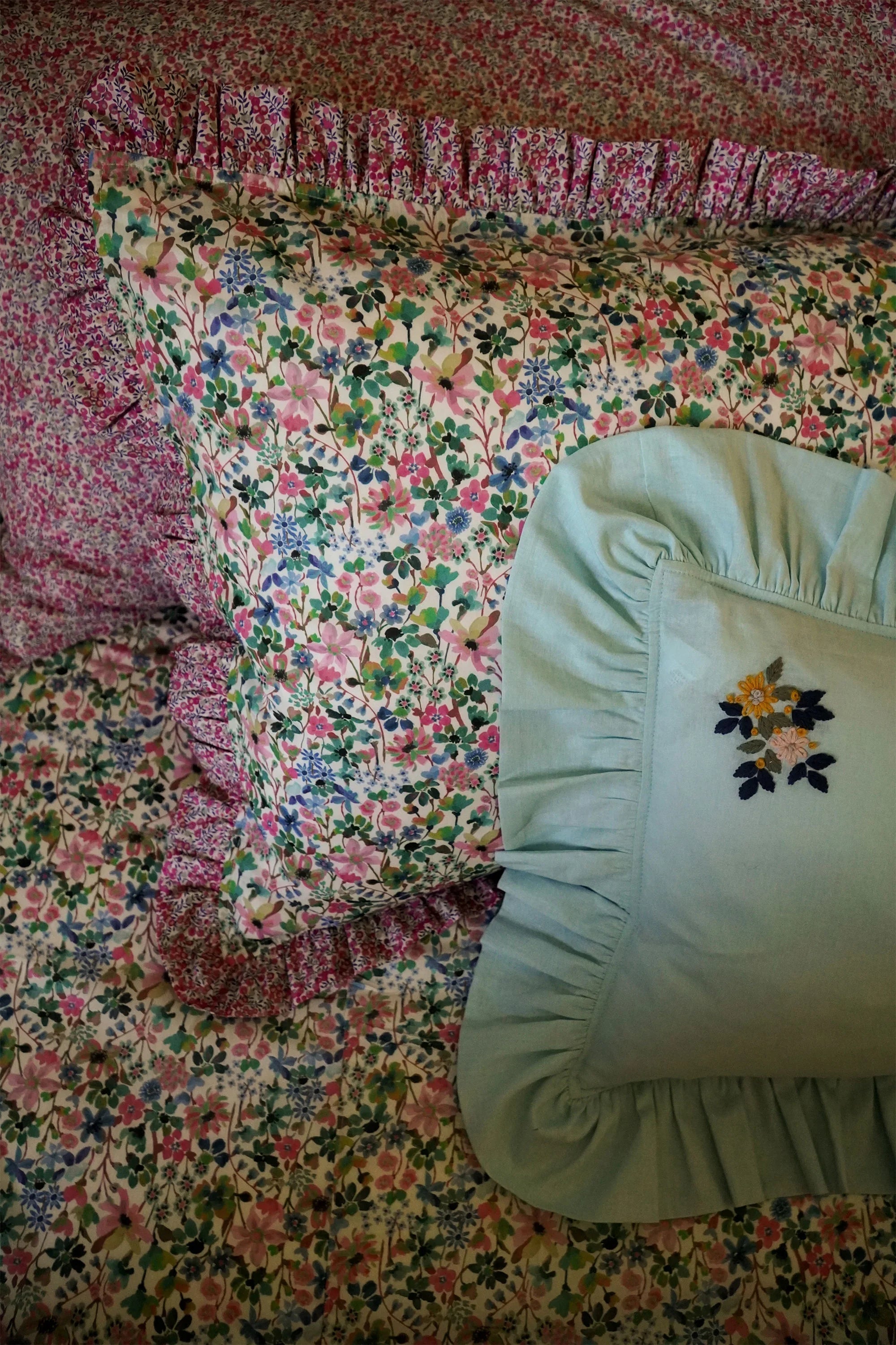 Embroidered Ruffle Oblong Cushion made with Linen Liberty Fabric SEA SPRAY