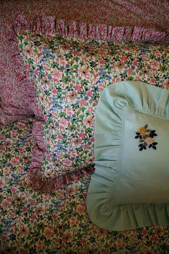 Embroidered Ruffle Oblong Cushion made with Linen Liberty Fabric SEA SPRAY