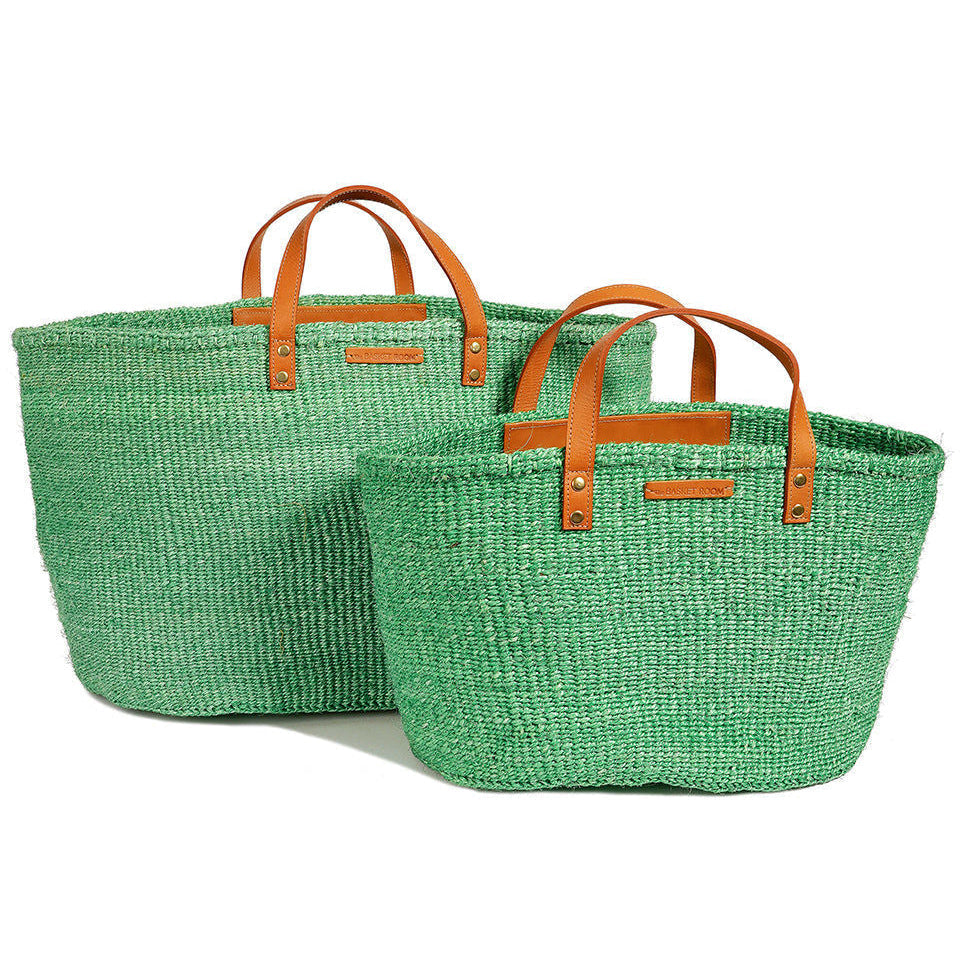 BARUA: Mint Green and Tan Leather Sisal Shopper