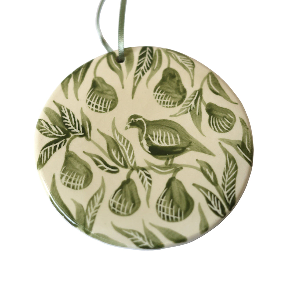 Hand Painted 'Patridge in a Pear Tree' Ceramic Christmas Ornament - Green