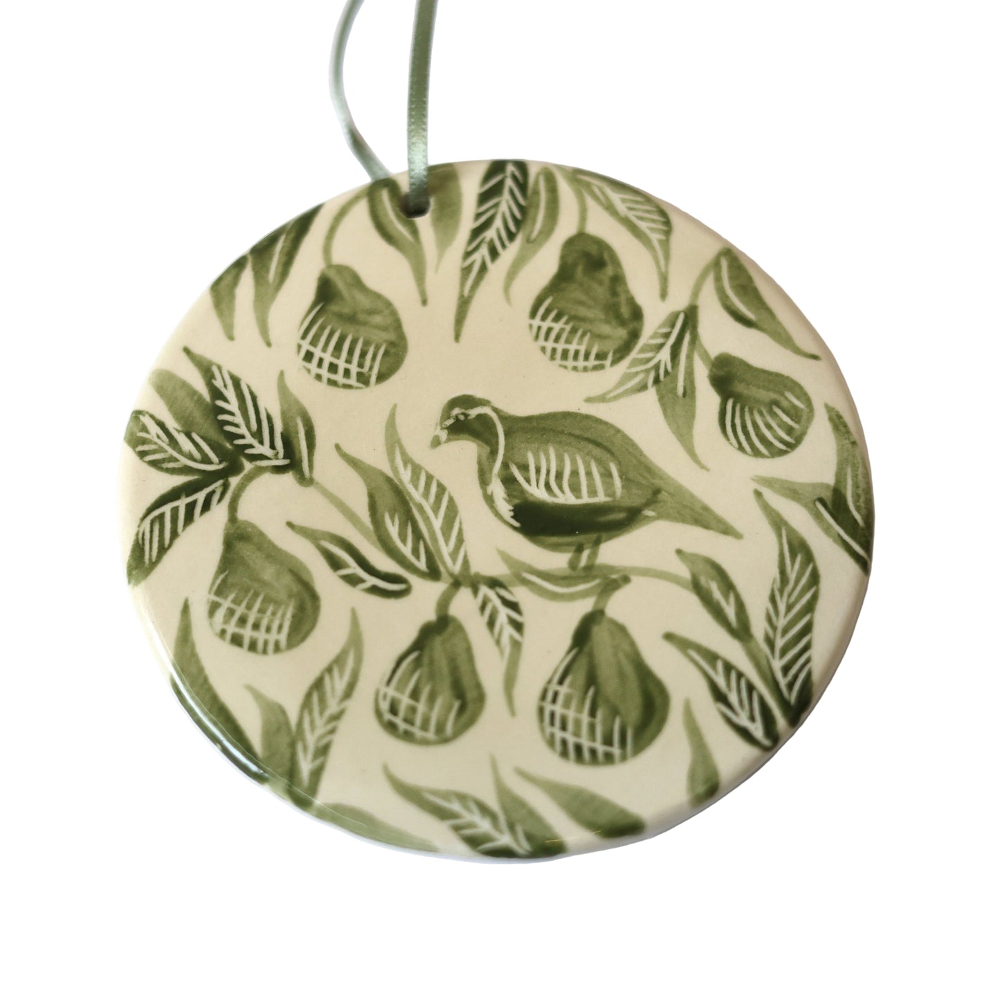 Hand Painted 'Patridge in a Pear Tree' Ceramic Christmas Ornament - Green