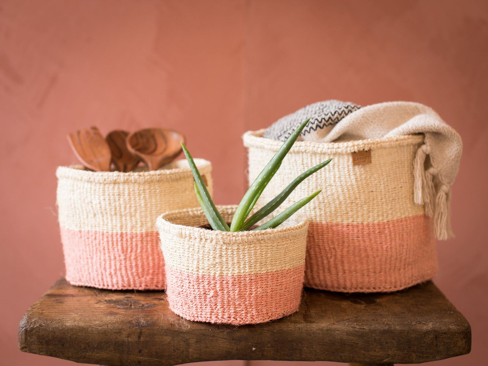 JIONI: Dusky Pink Colour Block Woven Basket