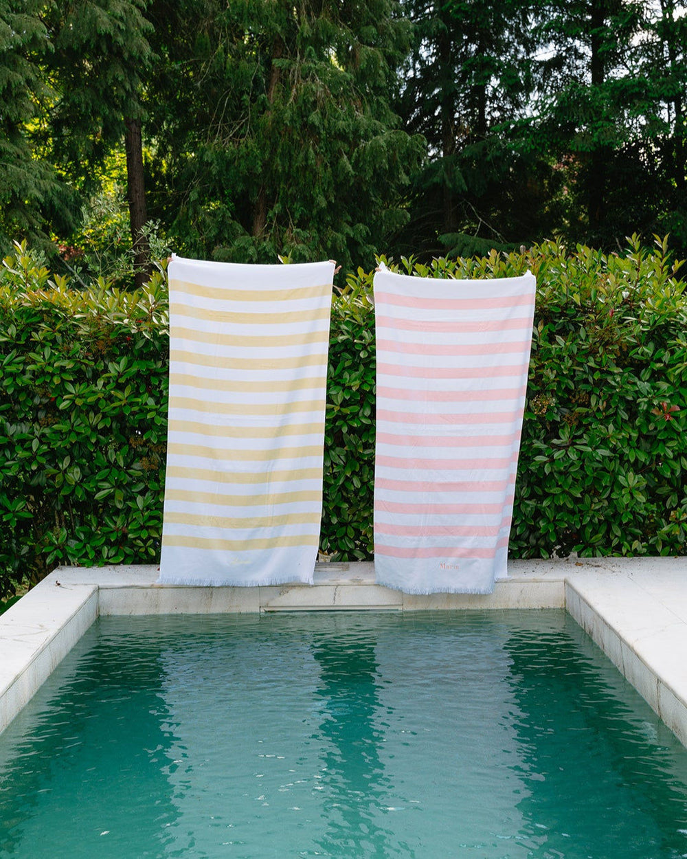 Striped Cotton Beach Towel with Frayed Edge - Salmon