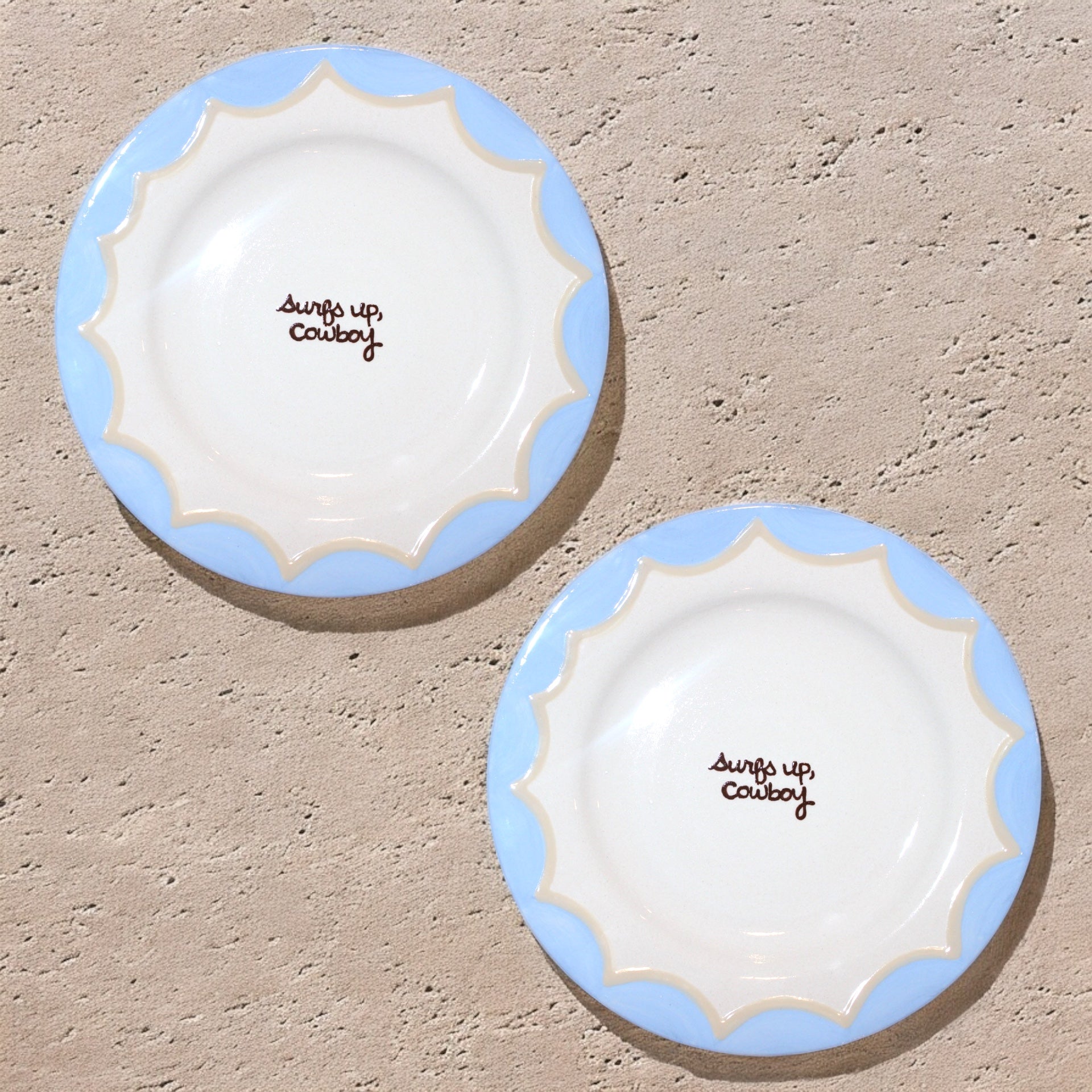 “Surfs up, cowboy” Hand-Painted Plates/Collection of Two