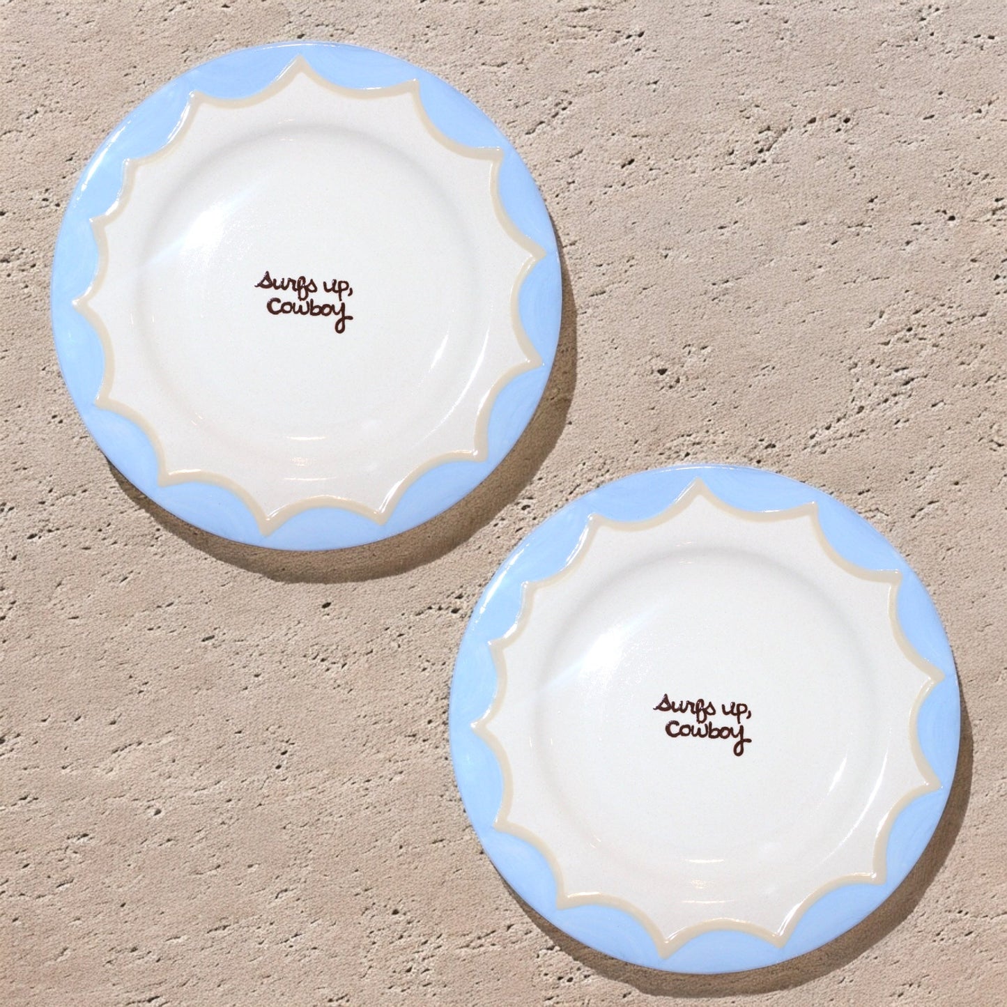 “Surfs up, cowboy” Hand-Painted Plates/Collection of Two
