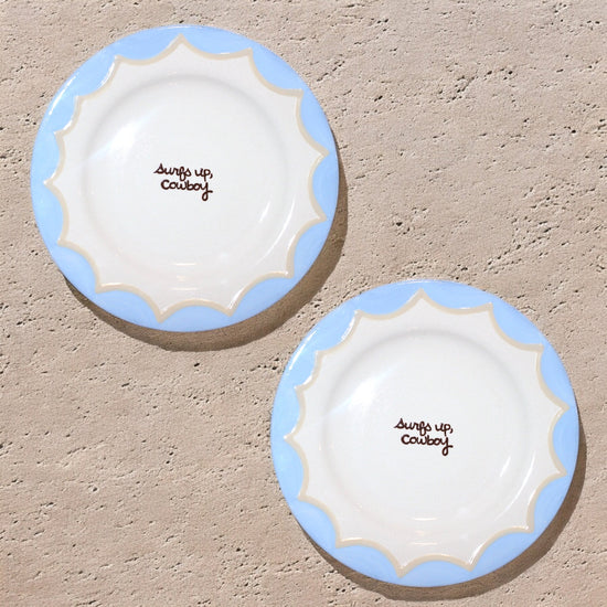 “Surfs up, cowboy” Hand-Painted Plates/Collection of Two