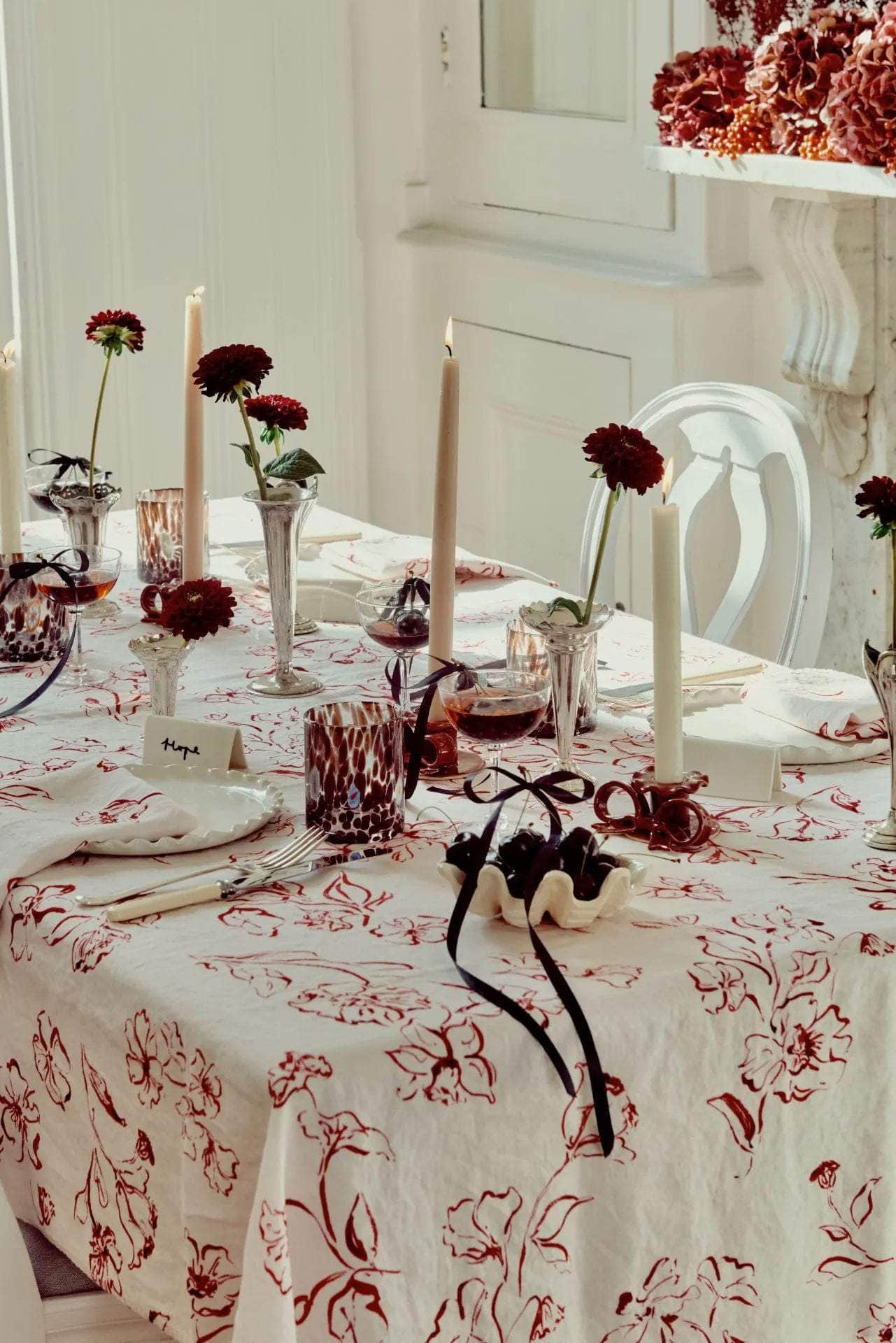 Wild Bloom Cherry Linen Tablecloth