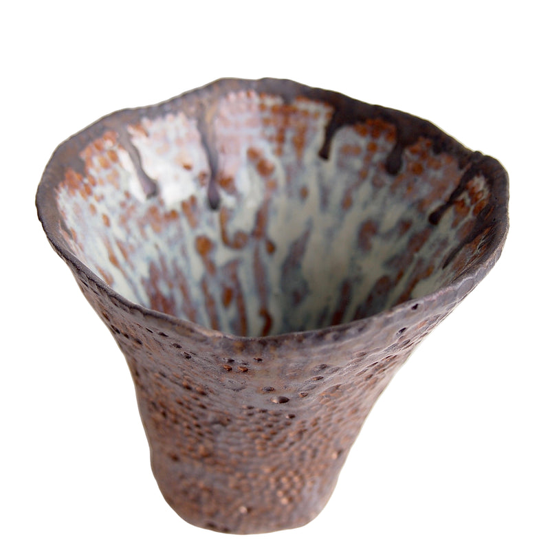 Handmade Bronze Dot Ceramic Vase with Blue Brown Swirly Interior