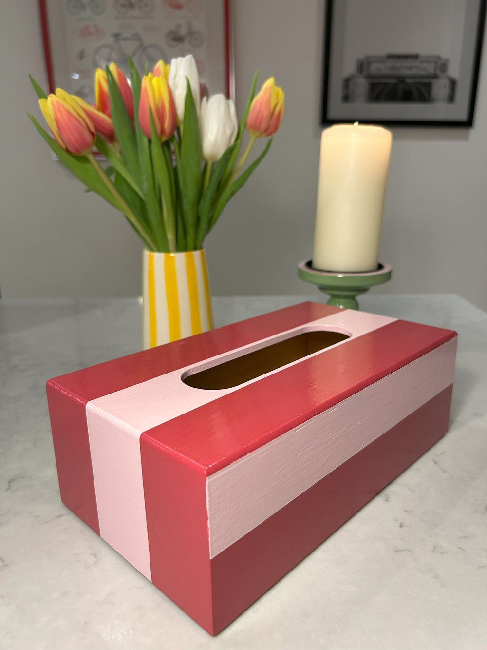 Red and Pink Striped Tissue Box
