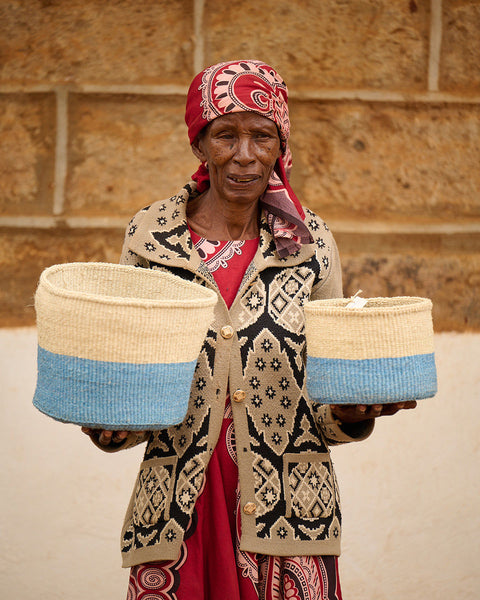 MKOA: Sky Blue Colour Block Woven Basket