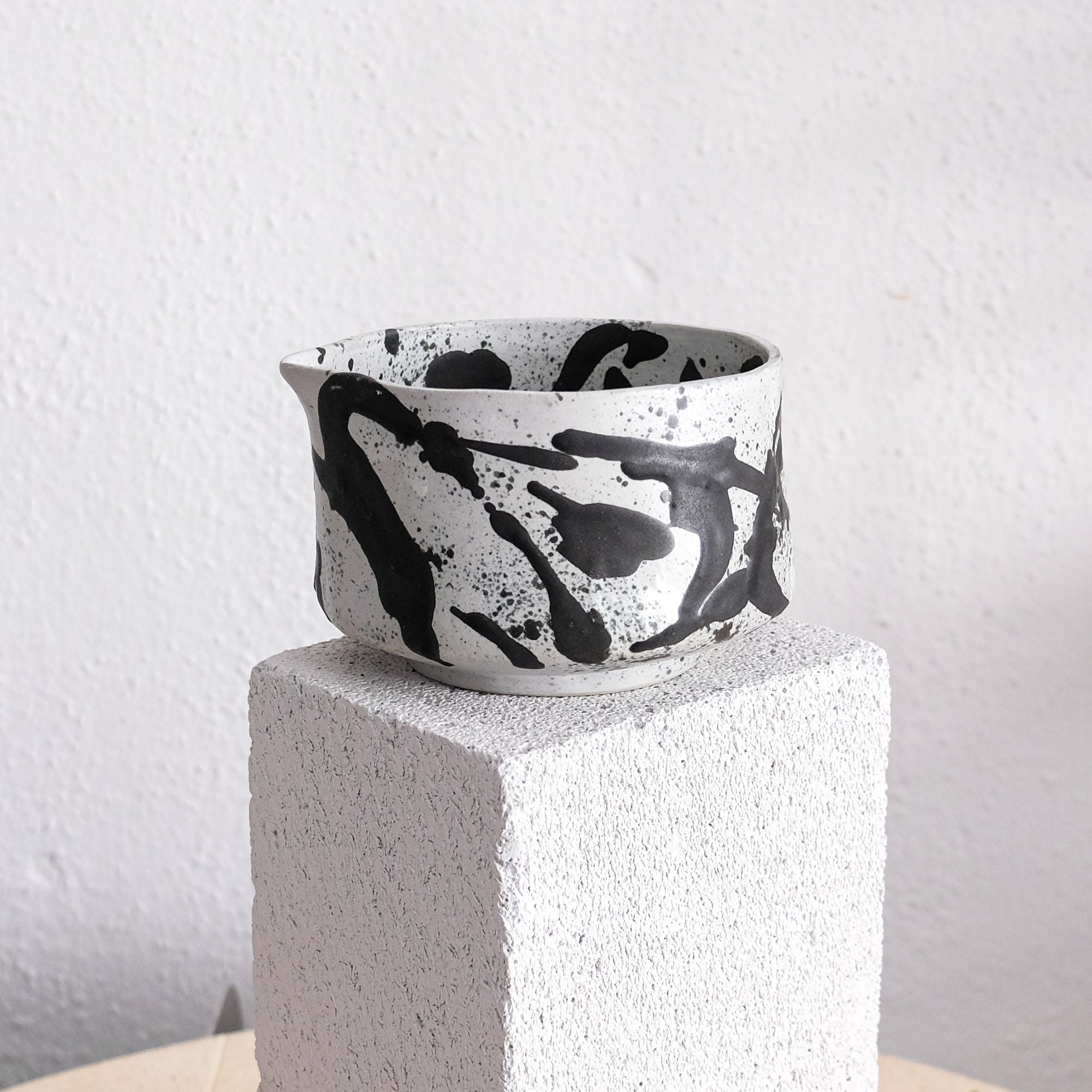 Matcha Bowl - Recycled Porcelain Bowl - Brush Strokes Black Matte