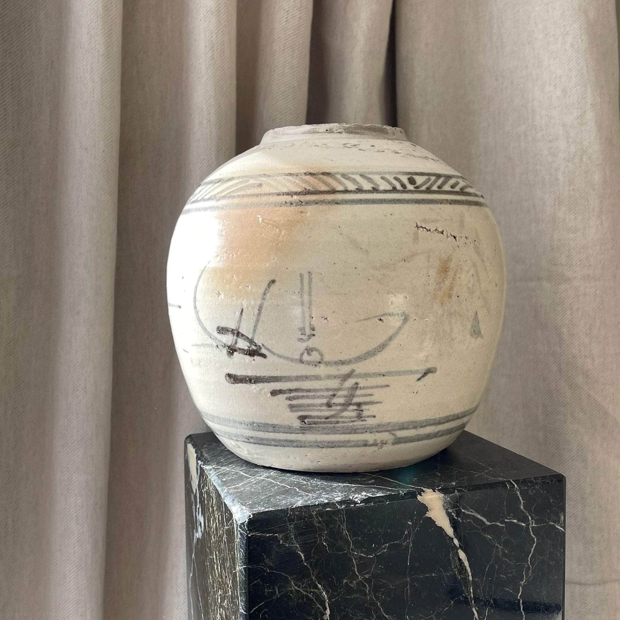 Round White Japanese Style Vase with Black Detailing