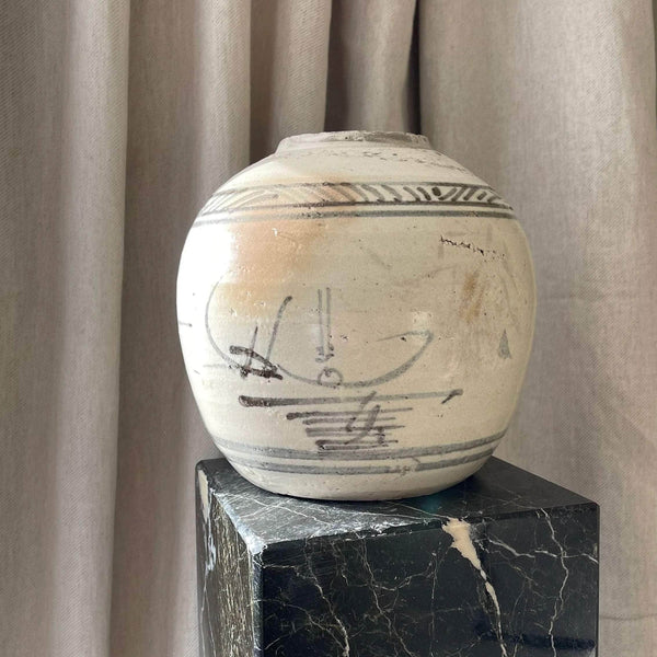 Round White Japanese Style Vase with Black Detailing