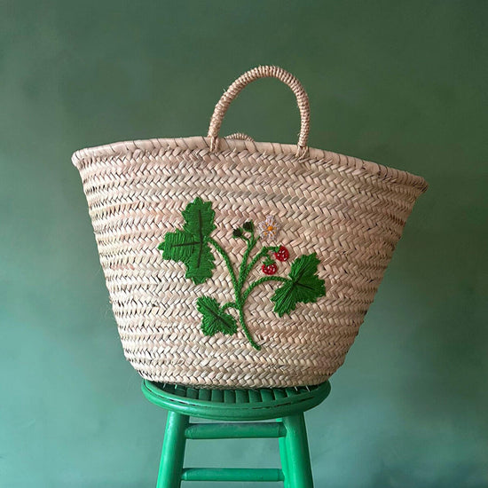 Hand Embroidered Market Basket, Wild Strawberry
