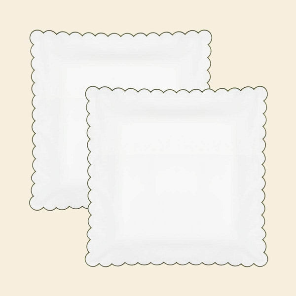 The Scalloped Pillowcases in White & Forest Green Cotton Percale (Set of 2)