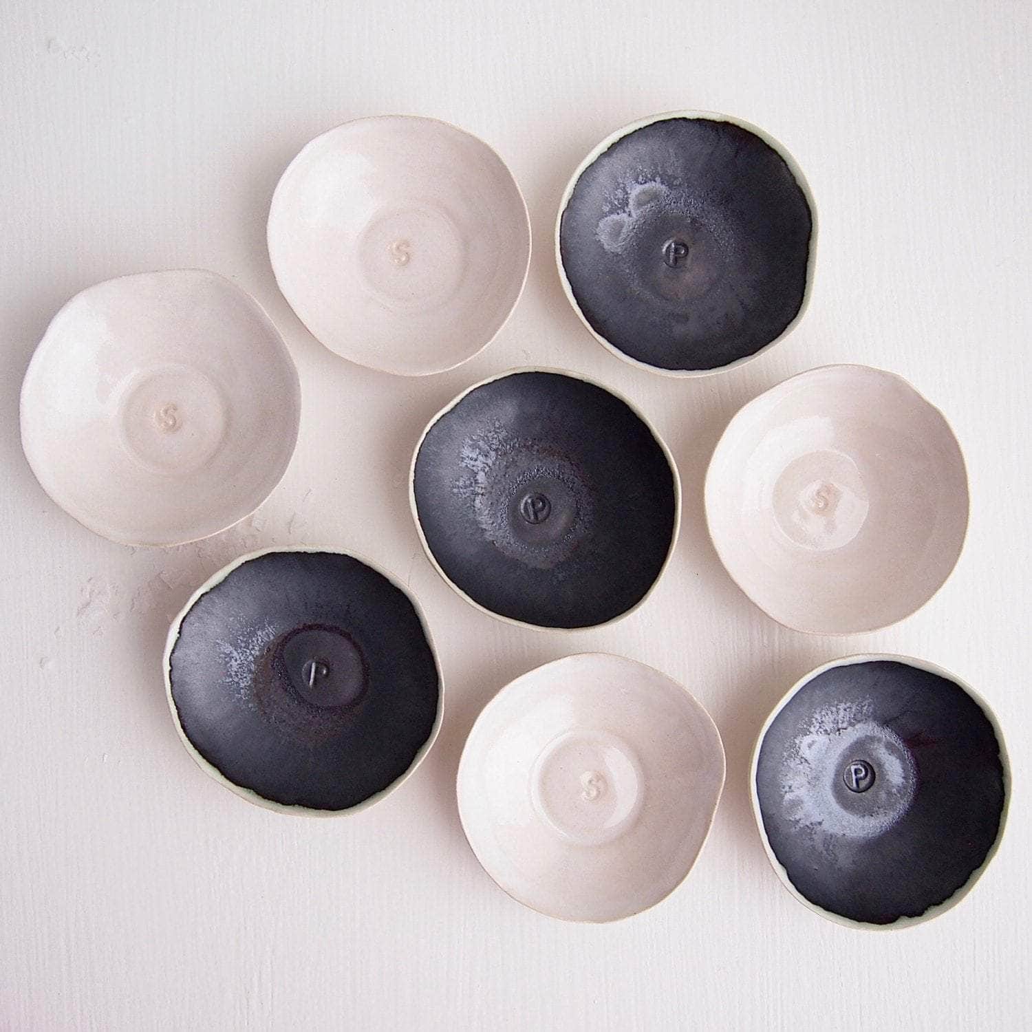 Ceramic Handmade Pair of Black and White Salt + Pepper Dish