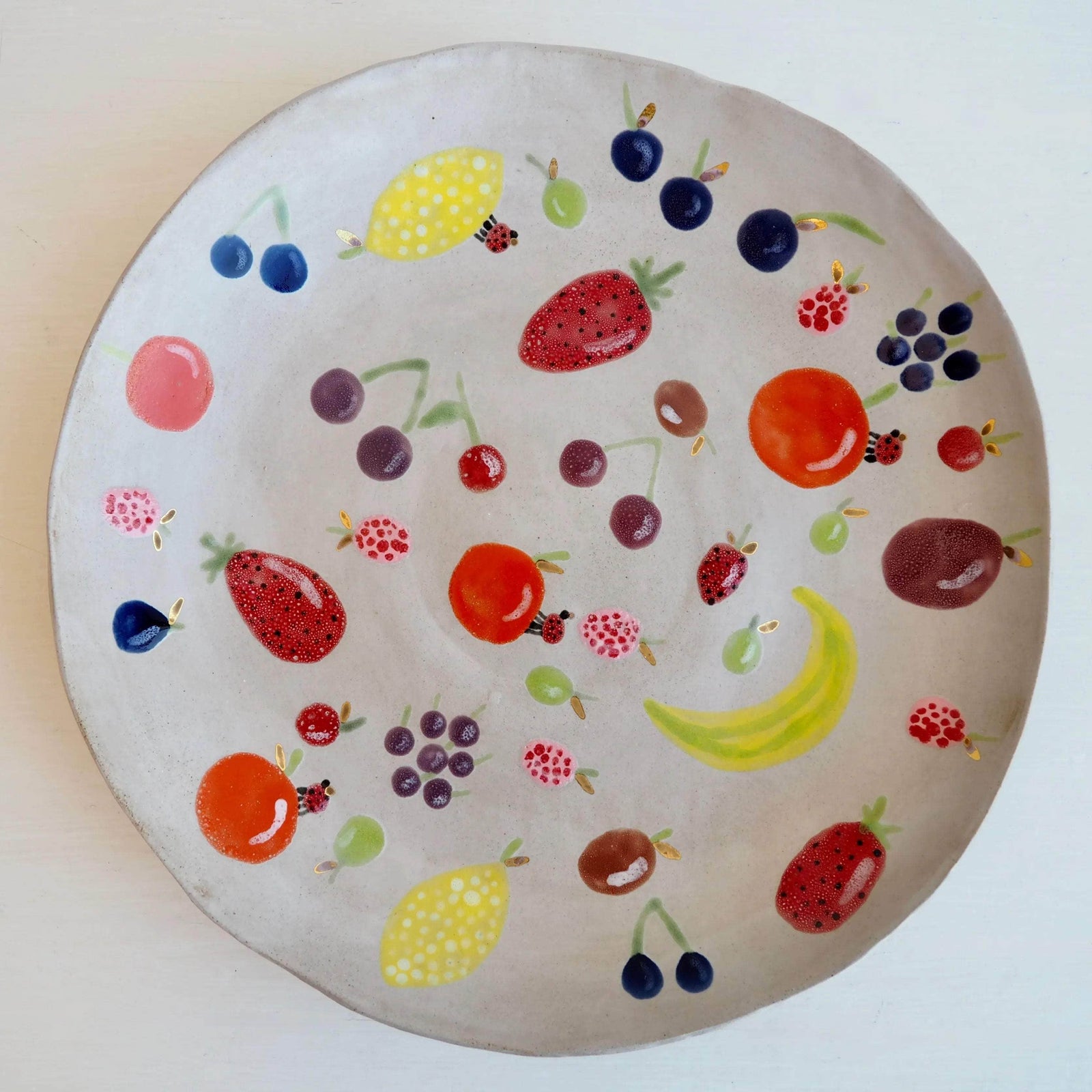 Handmade Large Ceramic Fruit Bowl with Illustrated Fruits