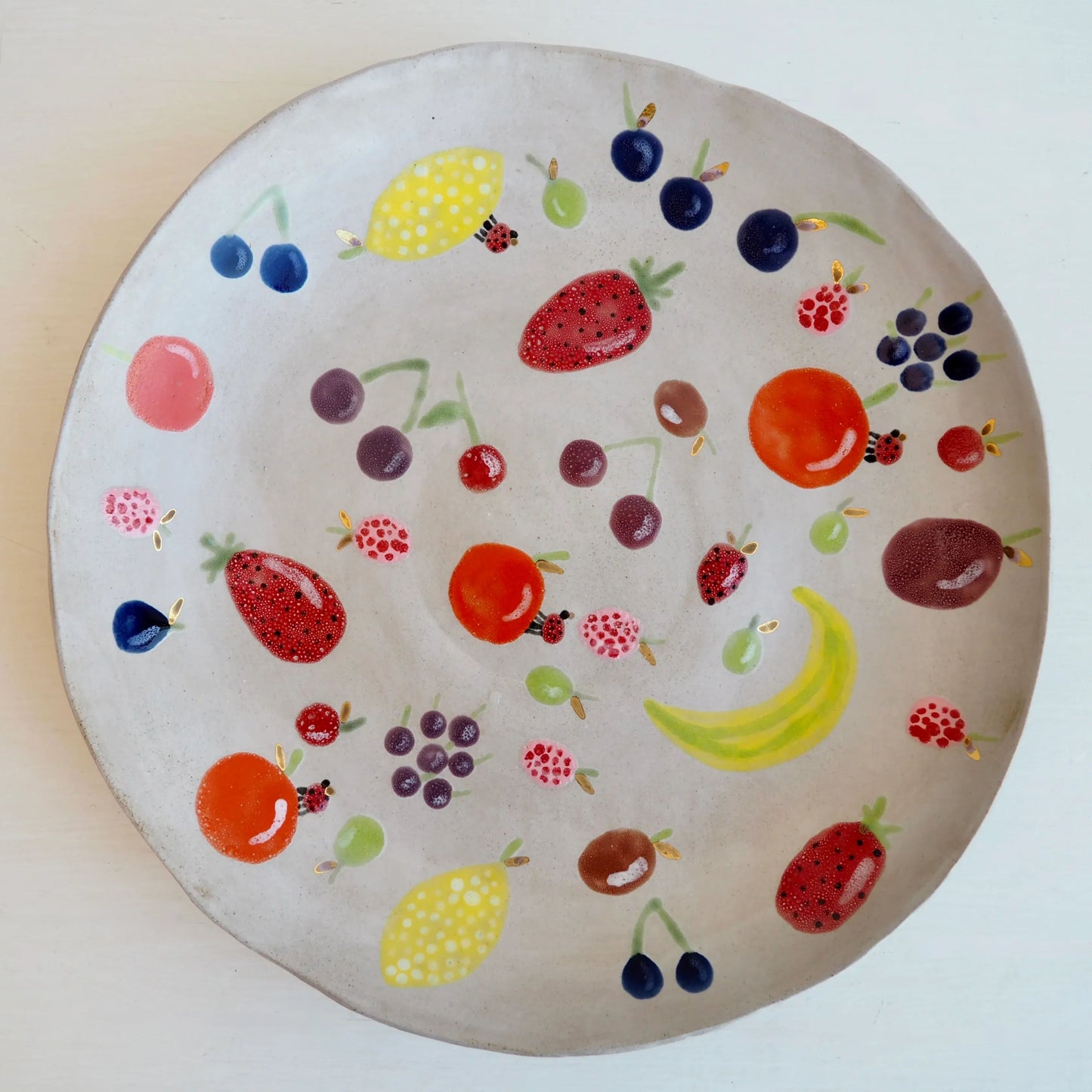 Handmade Large Ceramic Fruit Bowl with Illustrated Fruits