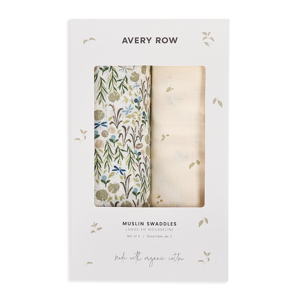 Organic Cotton Baby Muslin Swaddles, Set of 2 - Riverbank / Nettle Scatter