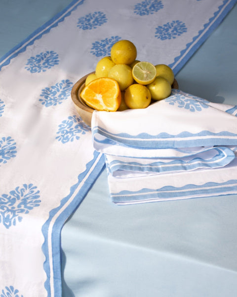 Nila - Pure Linen Hand-Printed Table Runner - Pastel Blue
