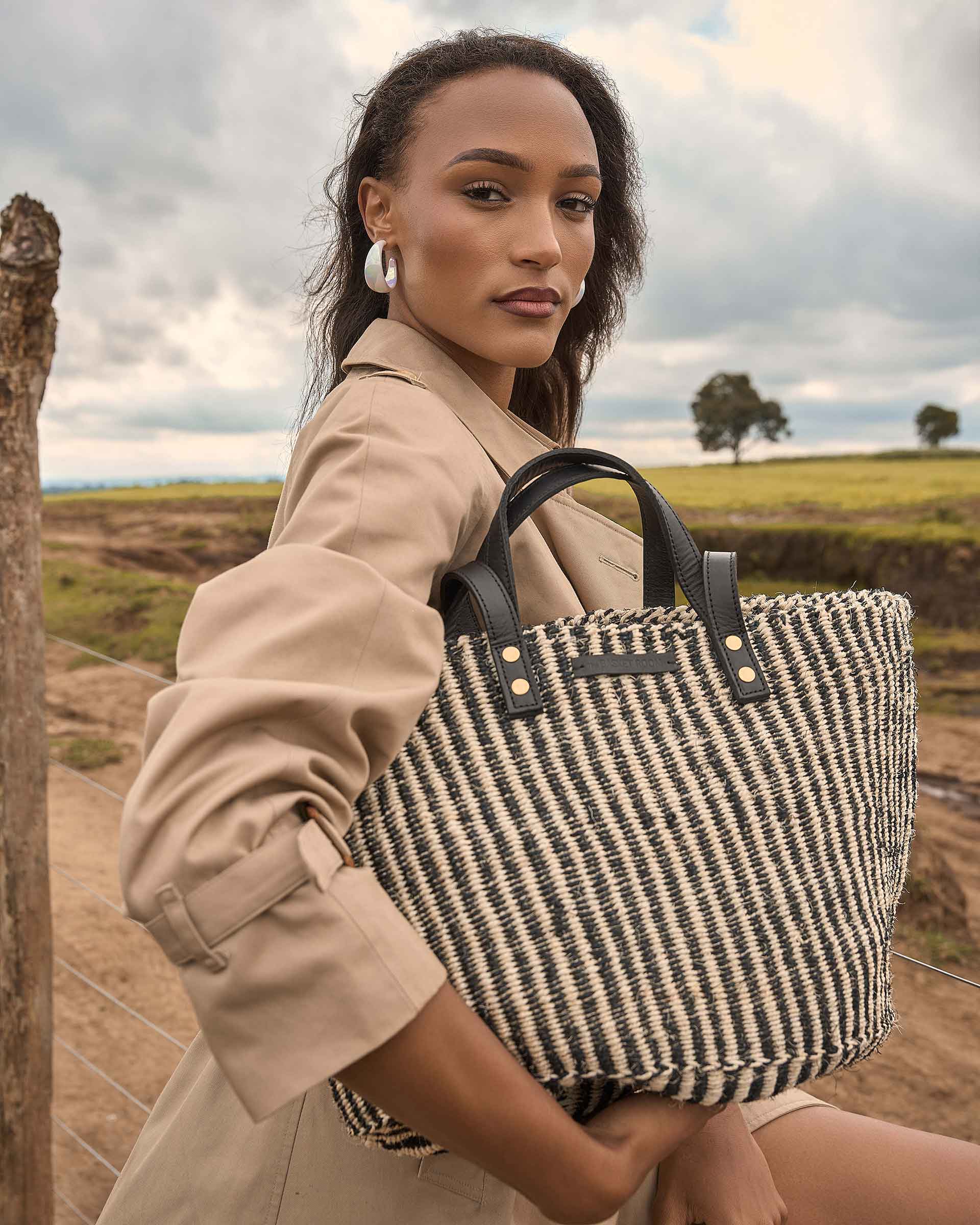 SALAMU: Black and Natural Pinstripe Sisal Shopper