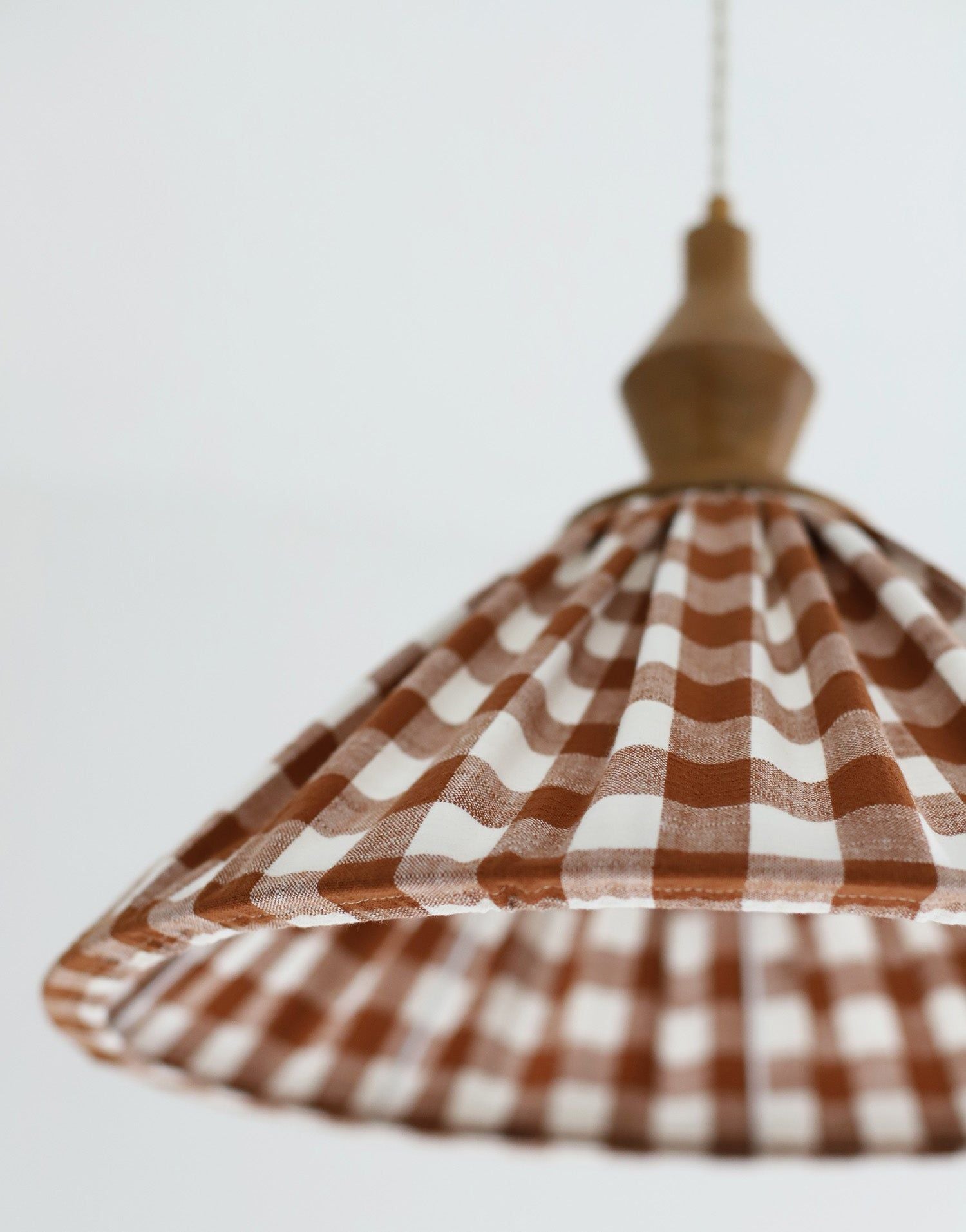 Olga Pleated Pendant Light in Terracotta Check Fabric with Turned Wood Finish