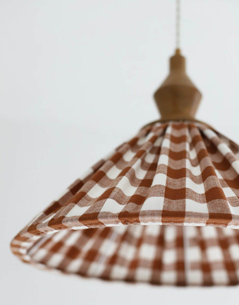 Olga Pleated Pendant Light in Terracotta Check Fabric with Turned Wood Finish