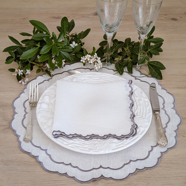 BIARRITZ - Off White and Grey Linen Round Placemat and Napkin Set
