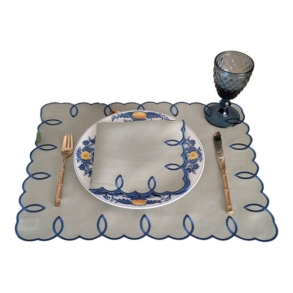 SANTORINI - Light Green and Blue Loops Linen Placemat and Napkin Set