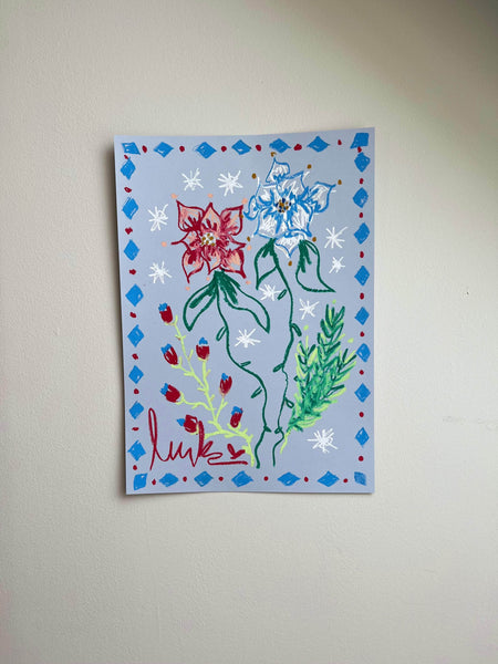 Multi-colored Florals on Light Blue Background I Original Painting A3