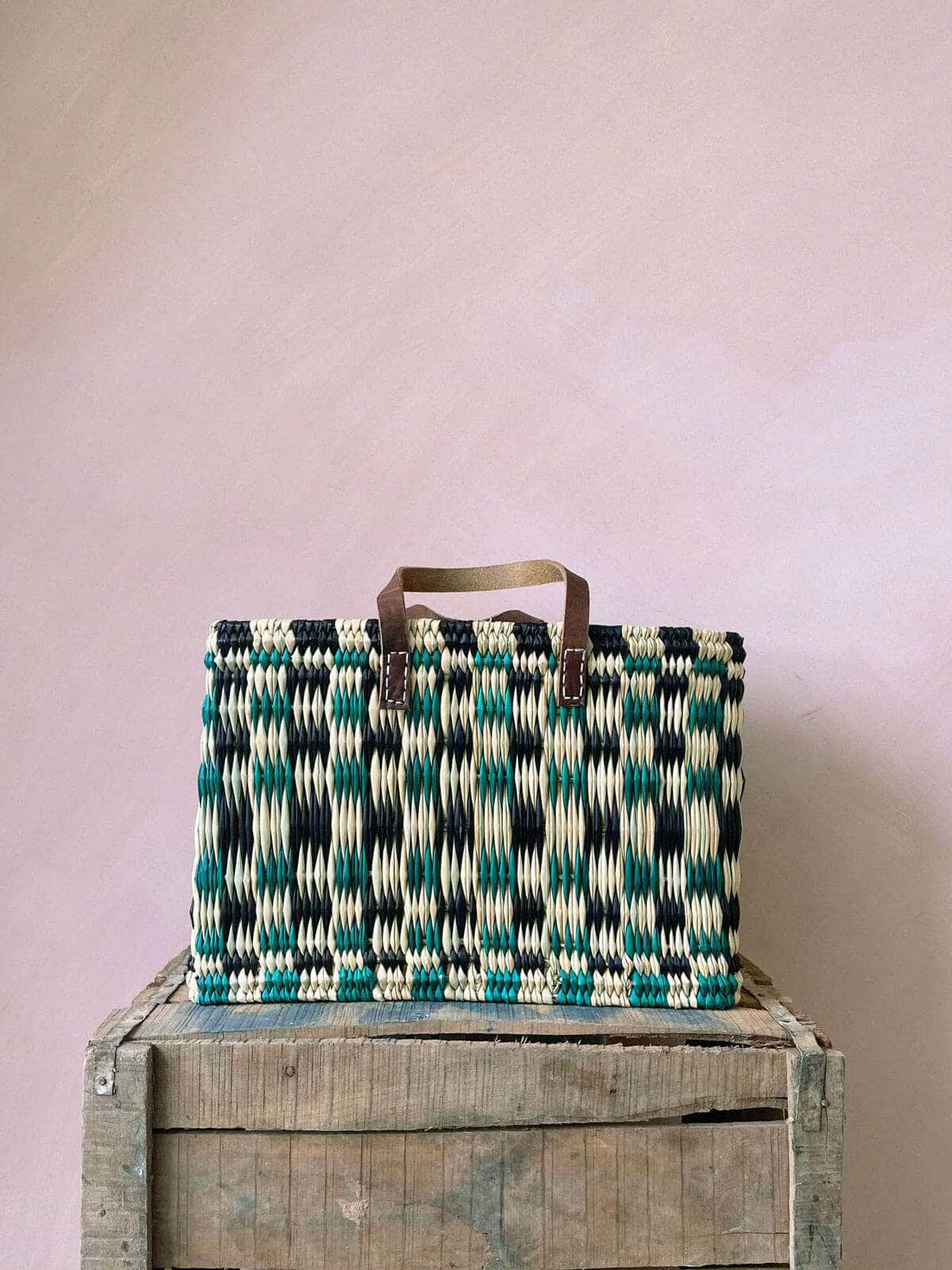 Chequered Reed Basket - Indigo + Green