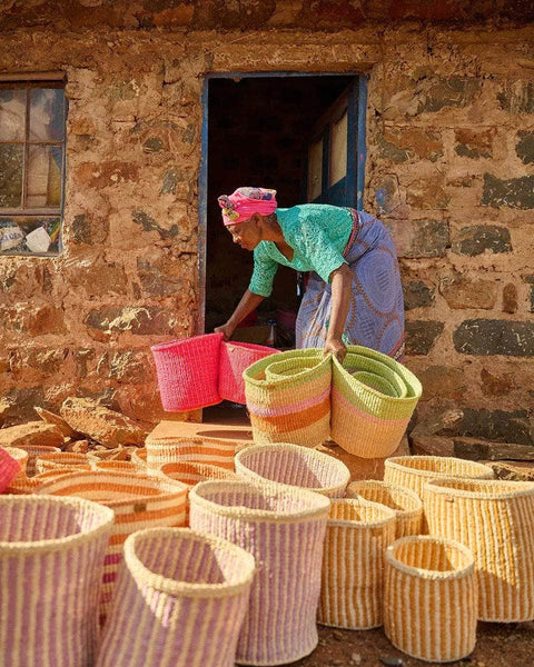 HOTUBA: Gold Pinstripe Woven Storage Basket
