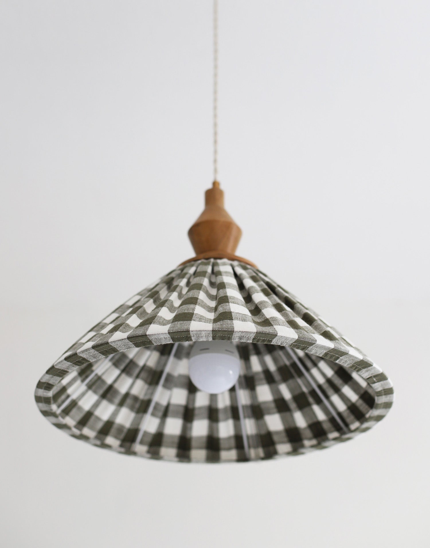 Olga Pleated Pendant Light in Khaki Check Fabric with Turned Wood Finish