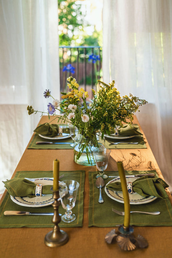 Set of 6 Personalised Fern Green Placemats with Ochre Hemstitch