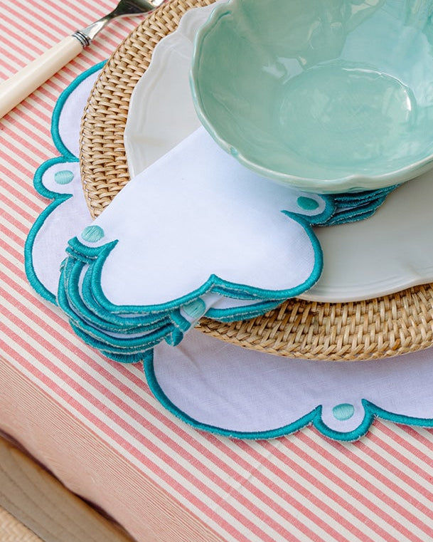 Viana Napkin, White with Turquoise Blue