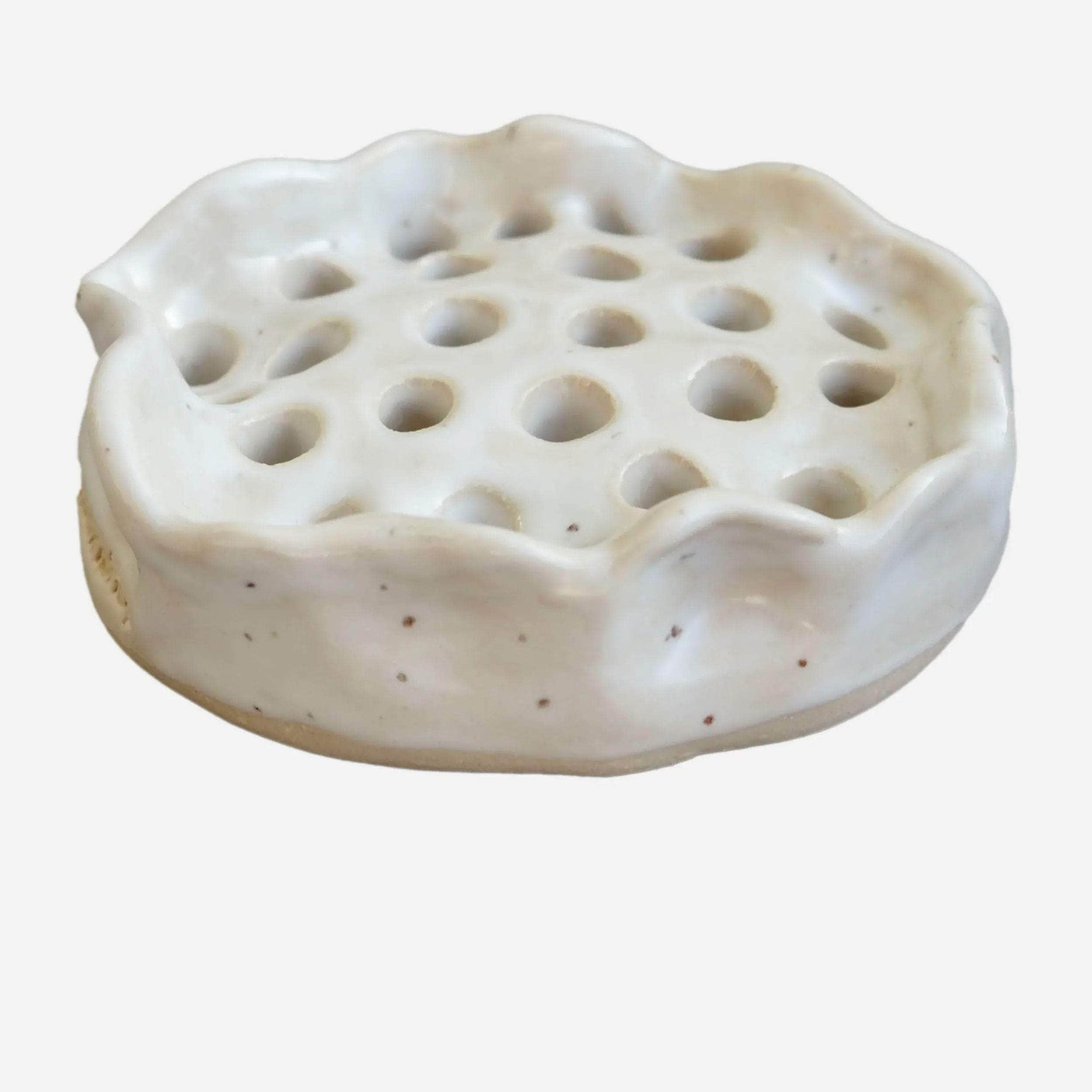 Large White Speckled Curvy Ceramic Flower Frog